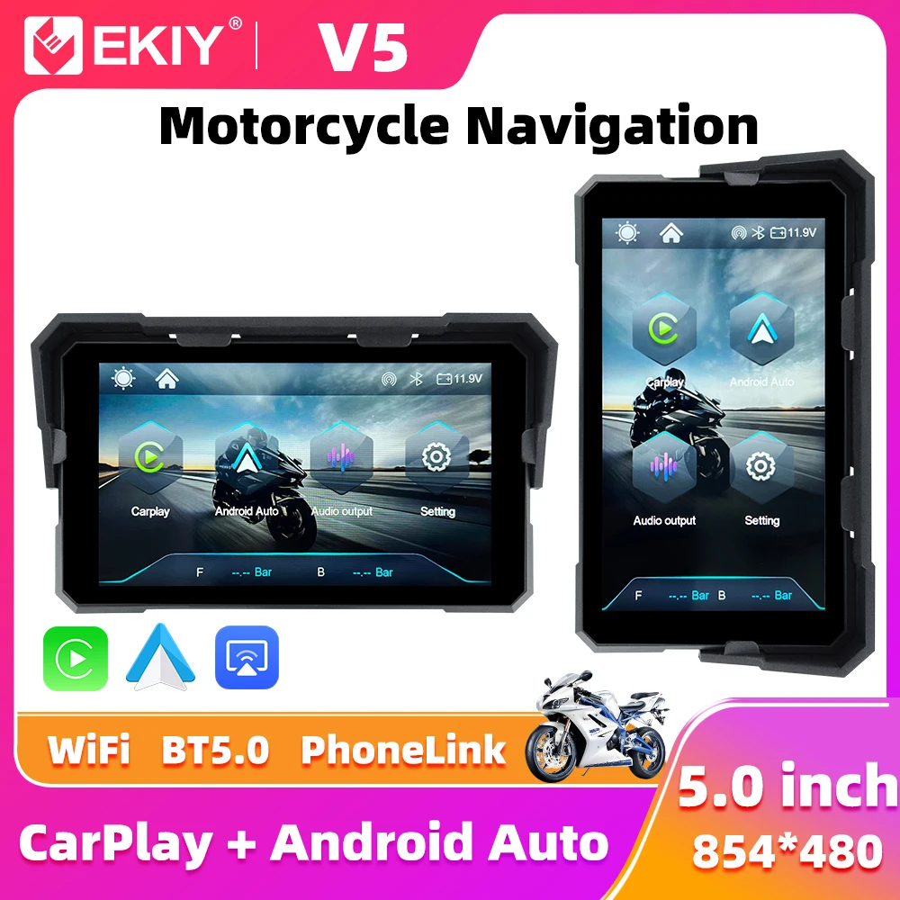 EKIY 5.0 inch Wireless CarPlay Moto Android Auto Portable Digital Motorcycle Dashboard GPS Motorcycle Navigation Display Screen
