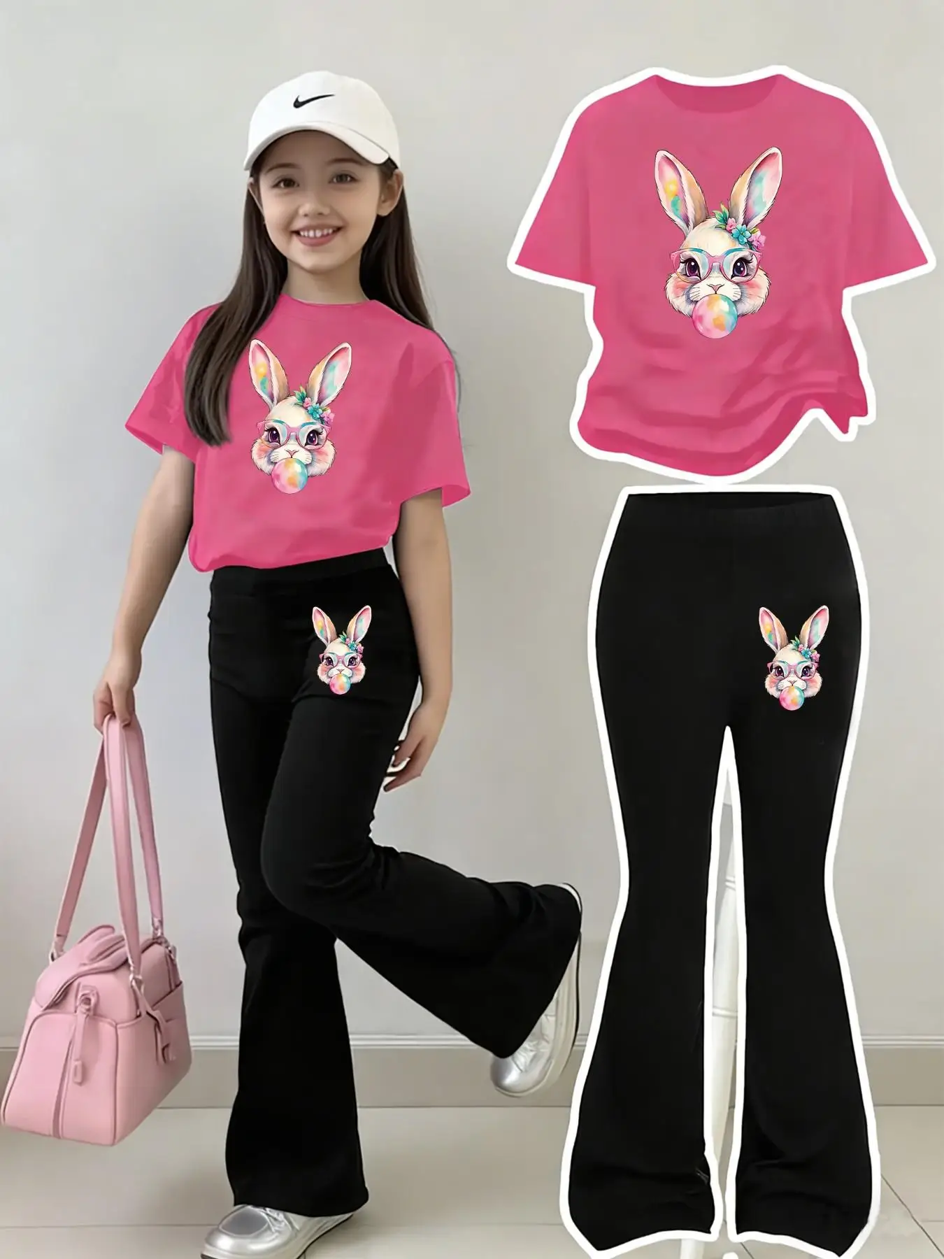Children's Clothing Girls' Set 2026 New Style Cute Rabbit Head Print T-Shirt + Black Flared Pants Two-Piece Set Suitable for Girls Aged 4-12, Versatile Clothes for Spring and Summer, Home Wear, Outings, and Travel