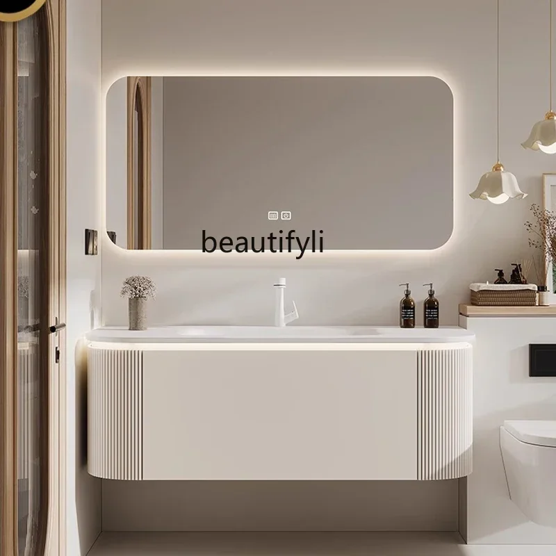 Cream wind large rounded corner bathroom cabinet Corian integrated basin hand wash basin combination9344