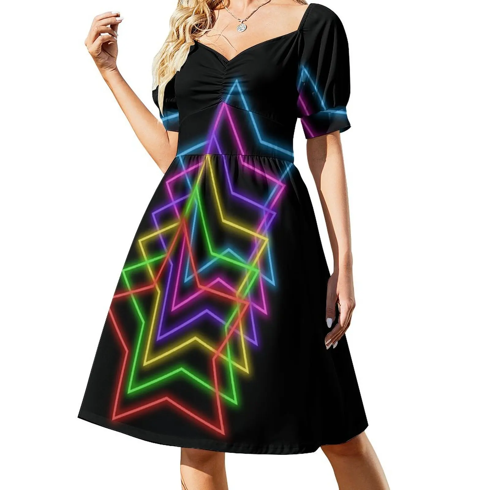 

1980s Rainbow Neon Glowing Stars, Single Image Version Short Sleeved Dress elegant dress women's fashion dresses Dress