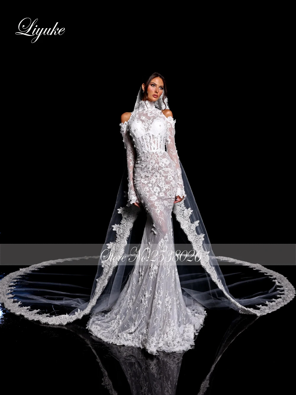 Liyuke New Arrival Exquisite Lace High Collar Mermaid Wedding Dress Robe De Marriage Floral Prints Full Sleeves Bridal Gown