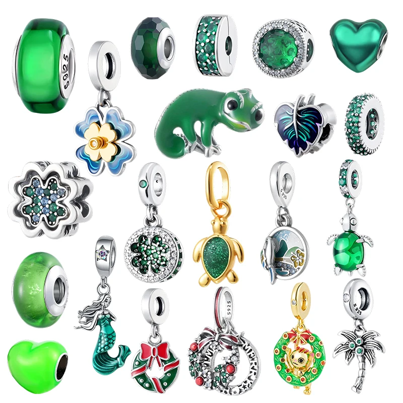Abalorios de naturaleza verde, tortuga, camaleón, sirena, corona de trébol de cuatro hojas, regalo de aniversario para novia, compatible con pulsera original.