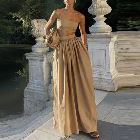 GELITAYIN Fashion Hollow Off Shoulder Sling Party Suit Elegant Solid Holiday Outfit 2025 Sexy Bra Top And Long Skirt Women's Two