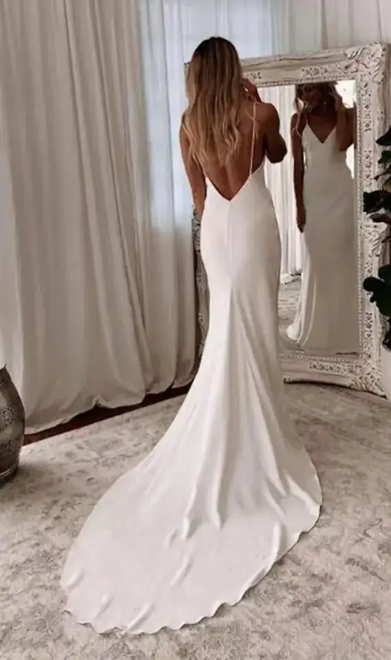 Customized Modern Simple Satin Wedding Dress V-neck Spaghetti Straps Backless Formal Pleated Bridal Growns Vestidos Sweep Train