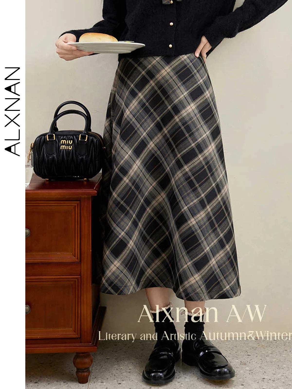 

ALXNAN Women's Plaid Skirts Simple Basics A-line Elastic High Waist Female Trendy Commuter Bottoms 2024 Fall Winter DYL661287BSQ