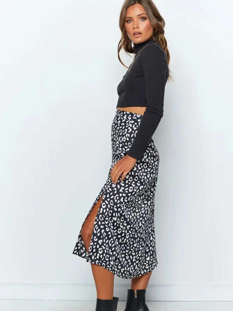 Plus Size Sexy Leopard Print Chiffon Split Skirt Casual Fashion Long Skirt for Women Spring Summer Zip Elegant Female Half Skirt