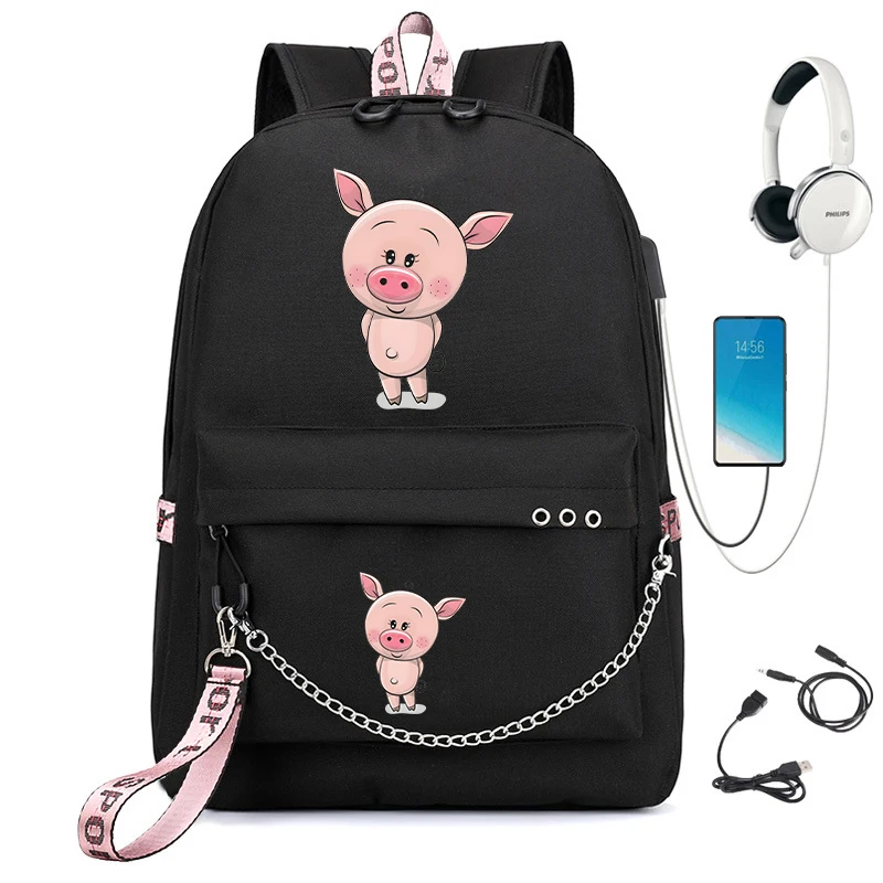 

Girl Children Backpack School Bag Back Pack Pink Black Kid Child Teenage Schoolbag Cute Cartoon Pig Print Teens Backpack