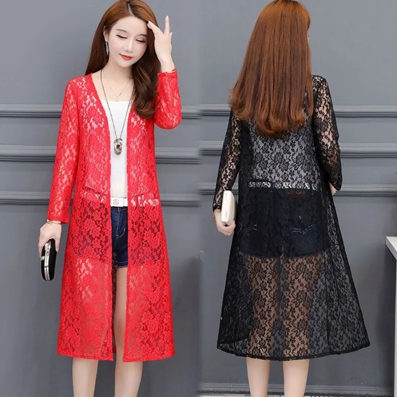 

Elegant Openwork Crochet Cardigan Women Summer Beach Cover Up Longline Lightweight Knit Lace Sweater for Vacation Party Outfit