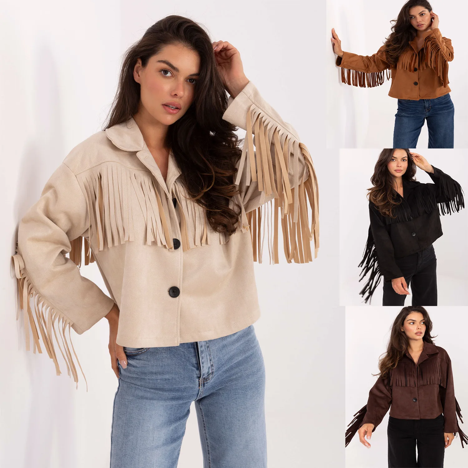 

Women Suede Coat Solid Tassel Jacket Fringed Turndown Collar Long Sleeve Single Breasted Loose Elegant Casual 2025 Autumn Winter