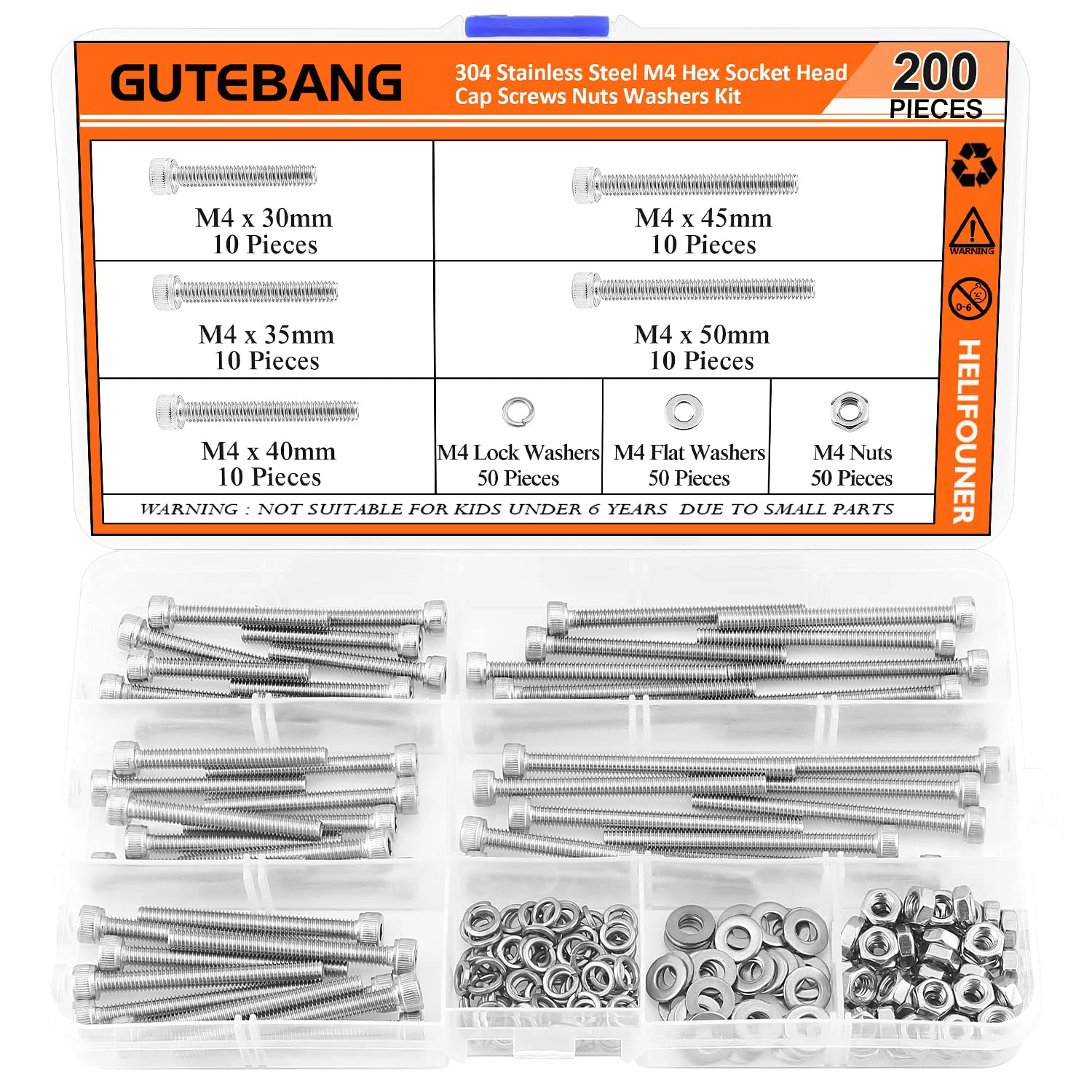 

200 Pieces M4 x 30/35/40/45/50mm, Hex Socket Head Cap Metric Screws Bolts Washers Nuts Kit, 304 Stainless Steel