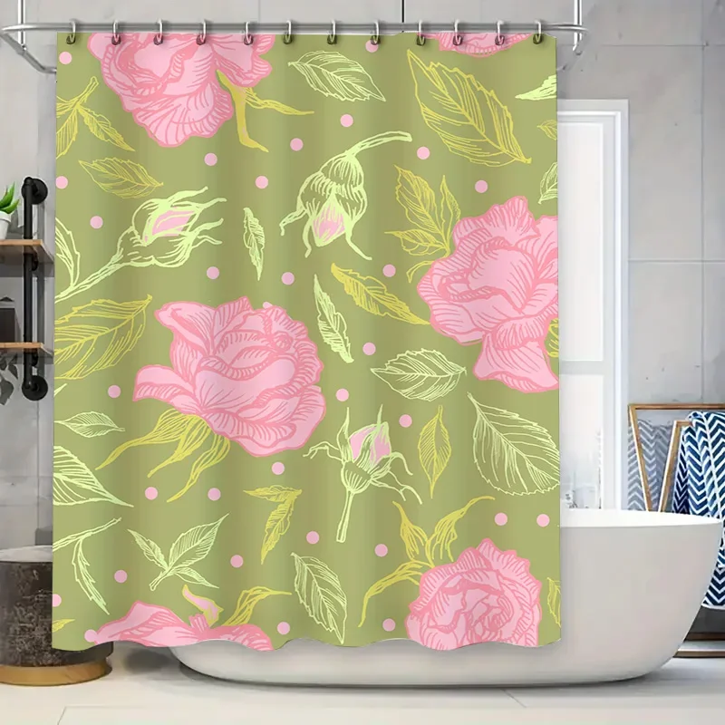 

Винтажная занавеска для душа с цветочным принтом, розовые пионы, зеленые листья, оливково-зеленый коврик для ванной, декор для дома, украшение для ванной комнаты