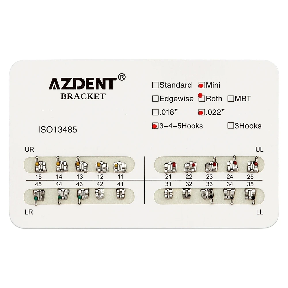 AZDENT 10Packs Dental Brackets Orthodontic Brace Metal Mini Standard Roth MBT Slot 0.022 0.018 Hooks 3-4-5 20pcs per Pack