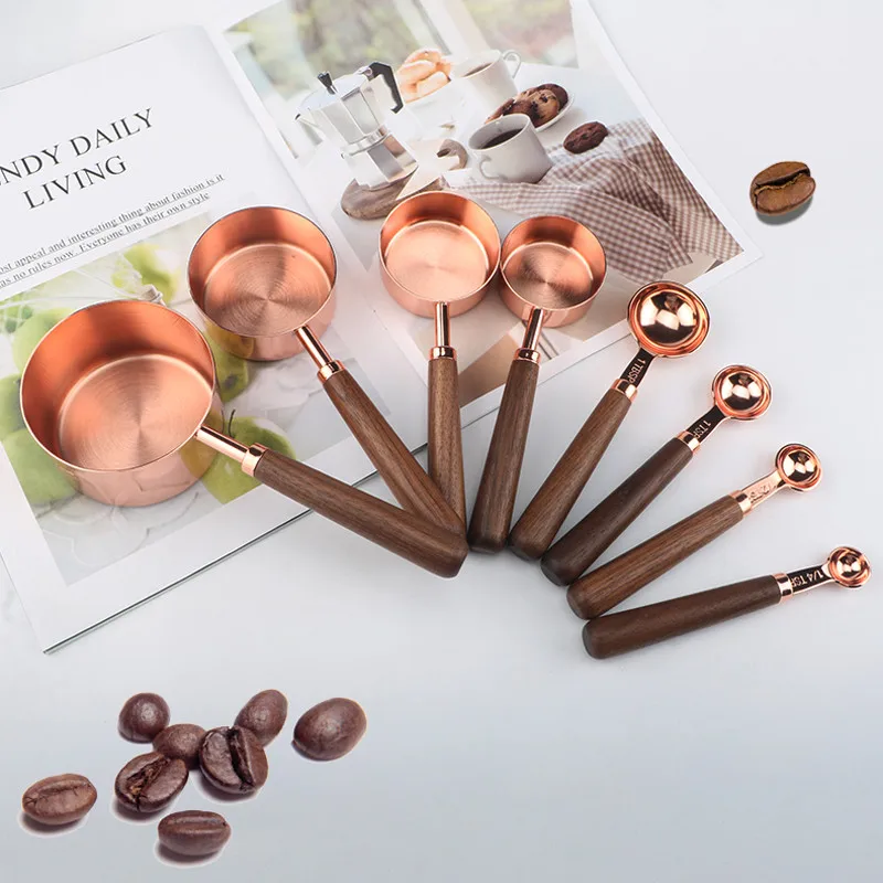 Wooden Handle Stainless Steel gram Measuring Cups Spoons Plated Copper Rose Gold scale  Spoon Set Kitchen Baking