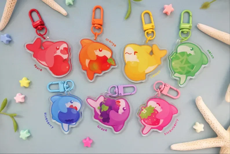 Fruit Shark Acrylic Keychain, Double‑Sided Print Cute Cartoon Bag Pendant Collectible Gift