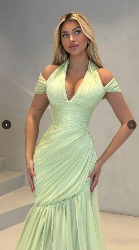 Abito da festa formale sexy menta in chiffon con spalle scoperte scollo a V abito da ballo Dubai abiti da sera lunghi a pieghe sirena