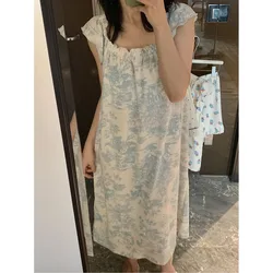 Women Nightgown Sleepwear Print Short Sleeve Night Dress Summer Night Wears Korean O-neck Sleeping One Piece Pajamas 2024 New