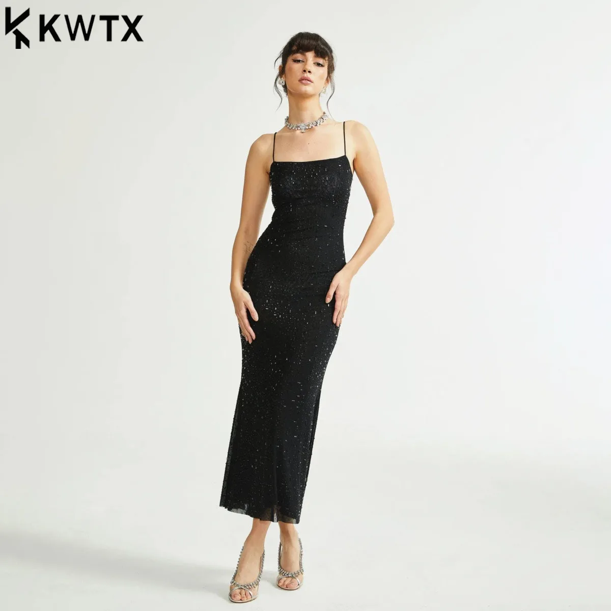 KWTX 2026 Nieuwe Sexy Kralen Mesh Tube Jurk Dames Elegant Office Feestavond Street Wear Lente Zomer Designer Mode