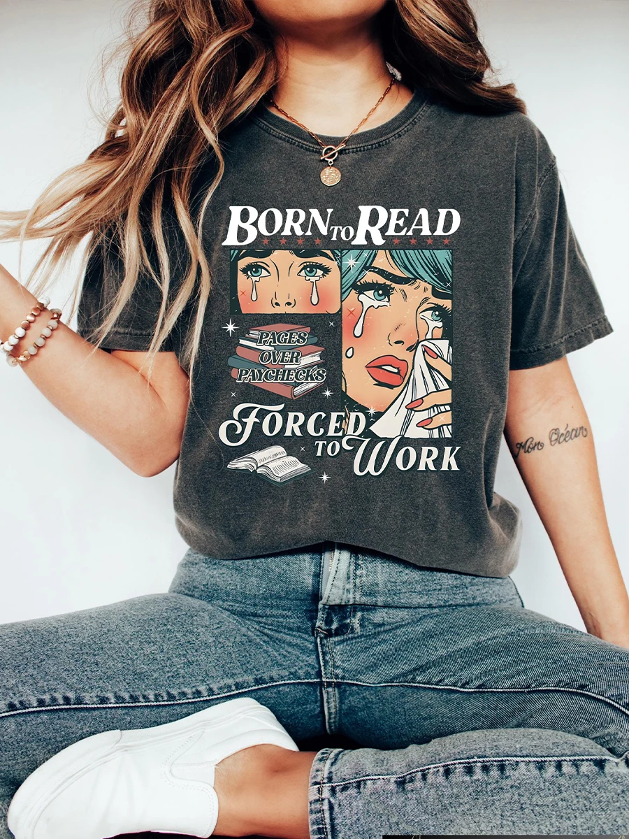 Retro Comfort Born To Read Bookish Shirt Funny Reader Book Addict Tee Unisex Comfort Shirt 100% Cotton Short Sleeve Shirt Y2K