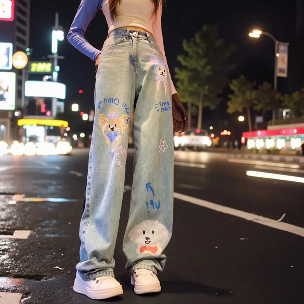 Pantalones vaqueros de transformación de talla grande para mujer, pantalones elásticos de pierna recta de 150kg de grasa Mm, estampado de cachorro, nuevo estilo para primavera y otoño