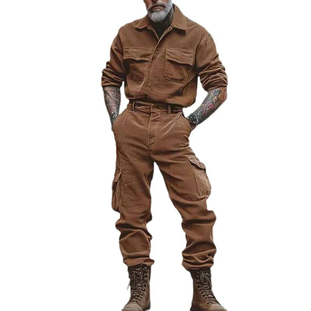 Herren Einfarbig Ah Mei Khaki Arbeitskleidung Kleidung Herbst Und Winter Mode Trend Freizeit Anzug Langarm Overall Hosen Männer