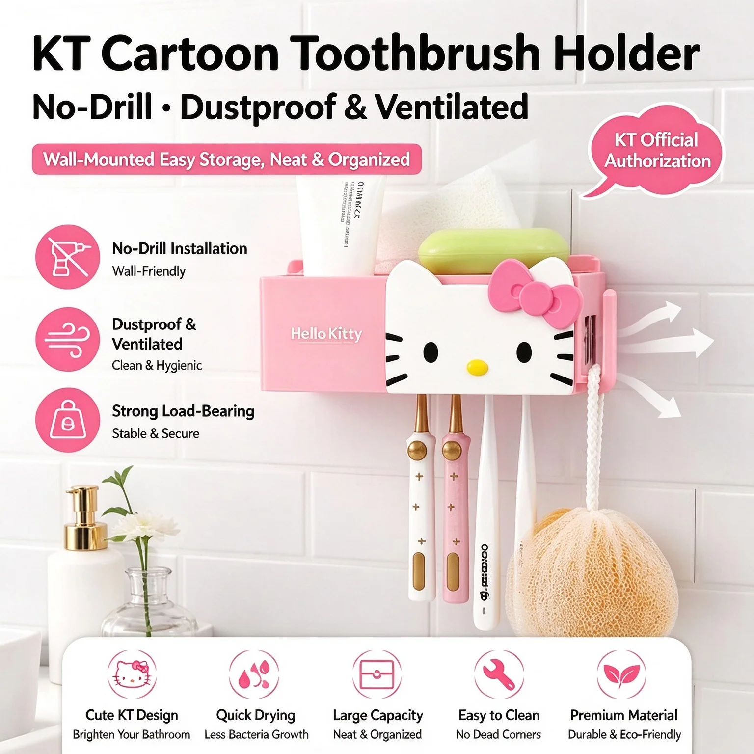 Wall Mount Toothbrush Holder No Drill Bathroom Dustproof Toothpaste Storage Rack Multifunctional Cartoon Family Bathroom Organiz