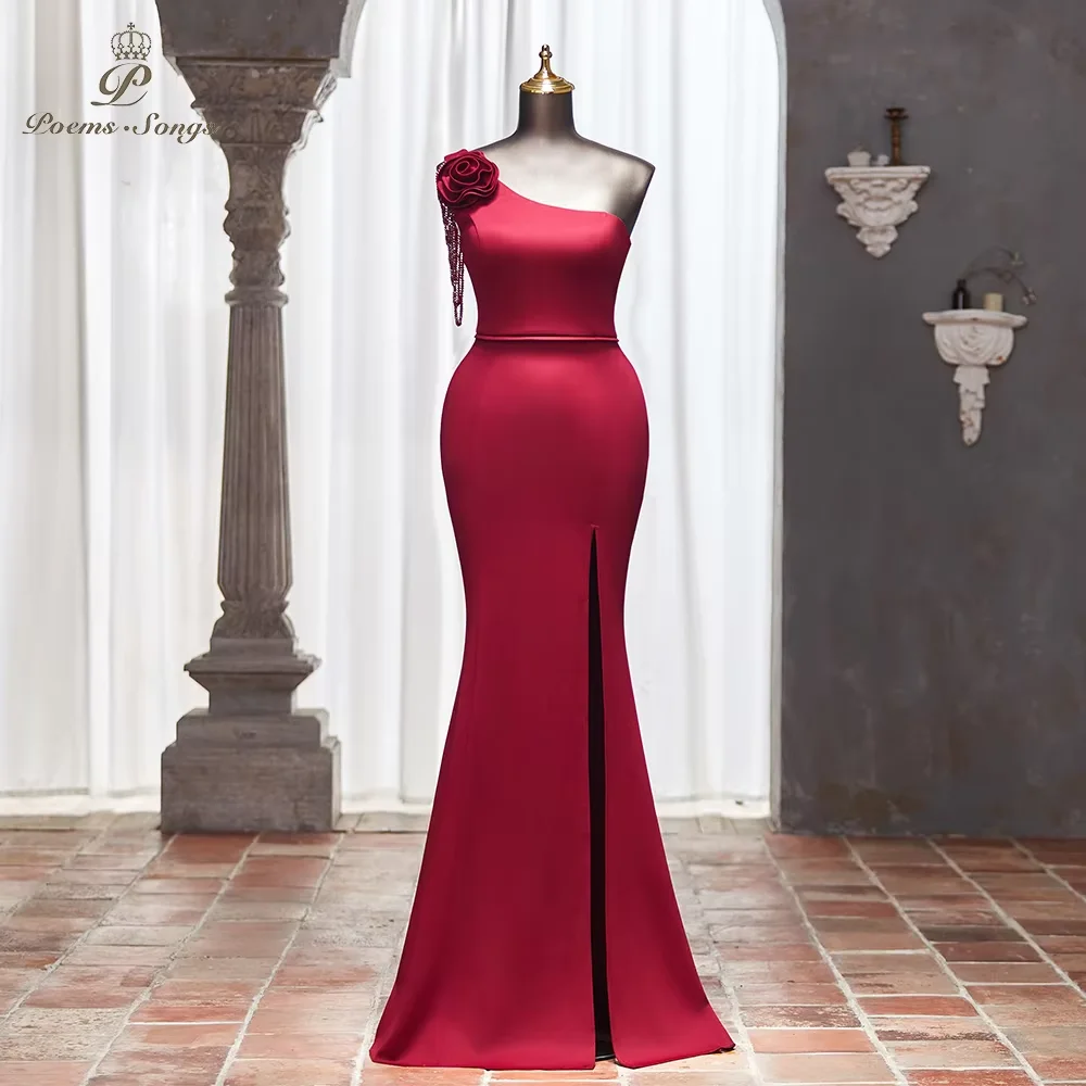 

Customized Burgundy One-Shoulder Mermaid Evening Dress Floral Accent Side Split Formal Party Gown for Women vestidos de fiesta