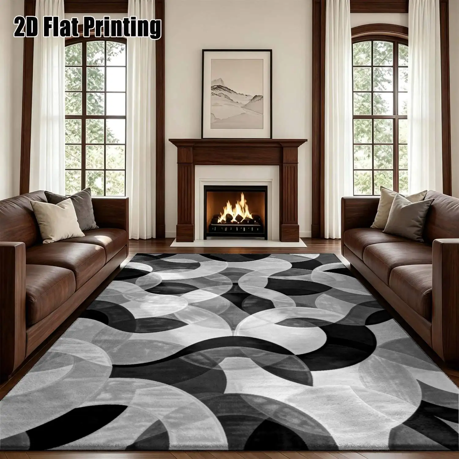 1Pc 2D Printed Black White Geometric Abstract Nordic/Instagram Style Modern Minimalist European Home Decor Carpet, Multi-Size, Machine Washable, for Entrance, Dining, Foyer, Living Room, Bedroom, Study
