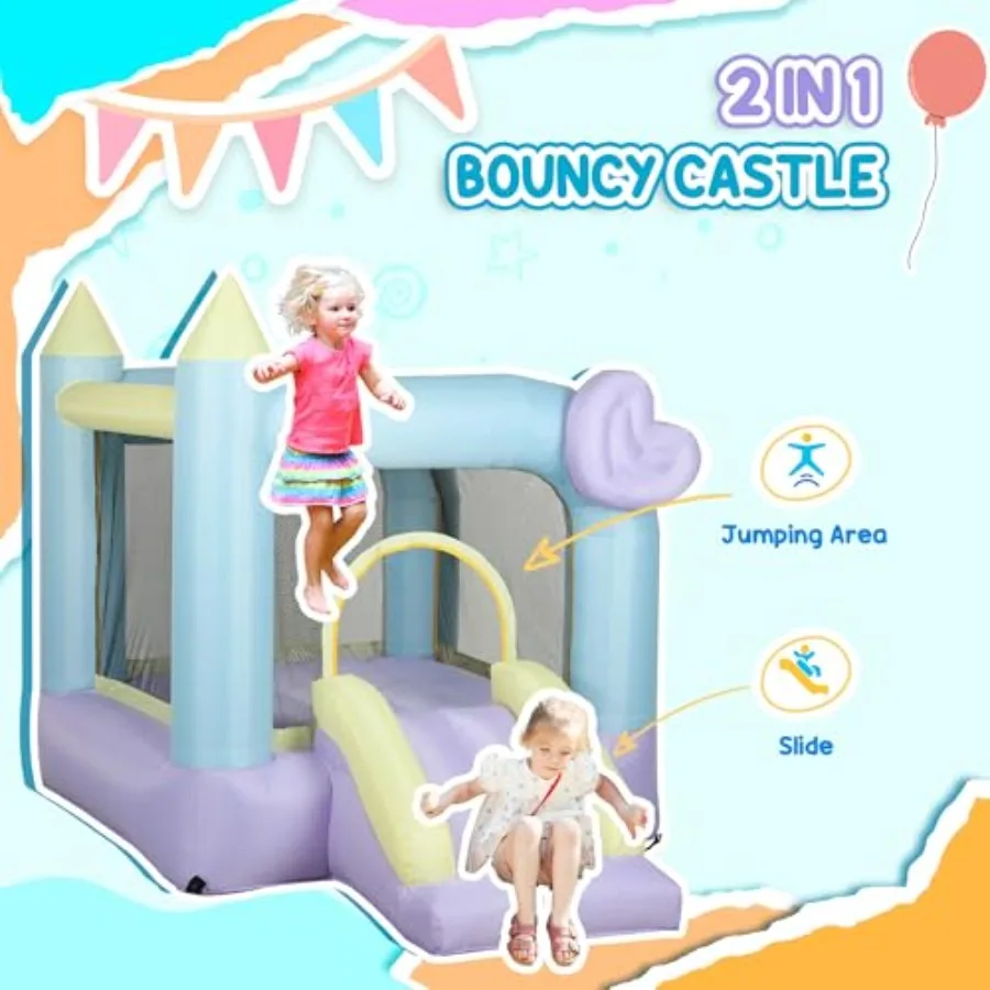 Casa de salto, bouncer inflável com ventilador de ar, castelo inflável externo/interno com escorregador, estacas, remendos de reparo, 98" x 65" x 79"