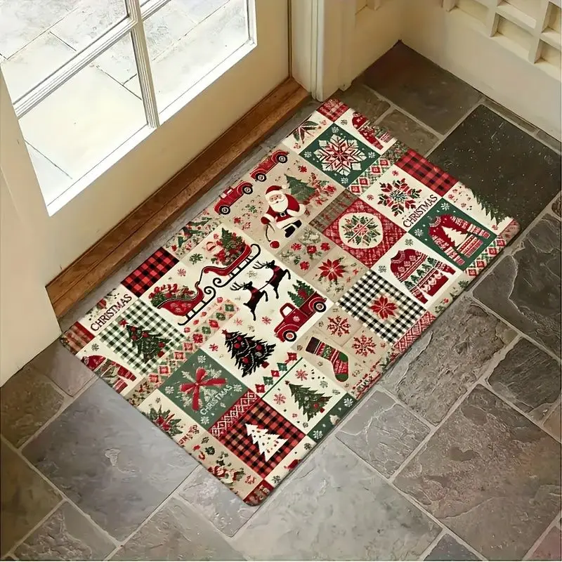 VIKAMA Patchwork Holiday Door Mat Rustic Xmas Tree Reindeer Sled Non Slip Soft Washable Entrance Rug Christmas Home Decor