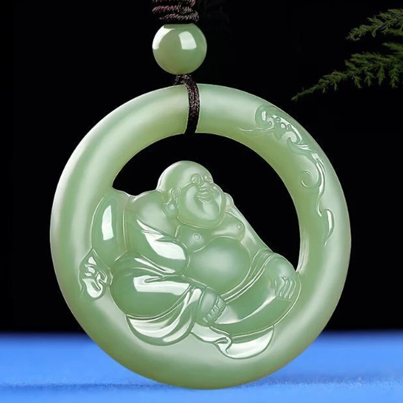 

Hetian Lake Green , Maitreya Laughing , Jade Buddha Gemstone Pendant, Round Ring