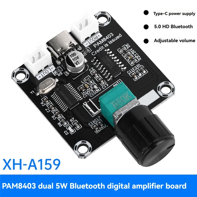 At12 tipo-c 5w + 5w mini pam8403 placa amplificadora digital compatível com bluetooth com módulo amplificador de volume ajustável dc5v