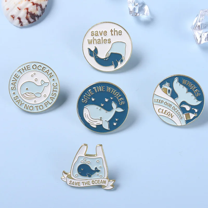 Save the Ocean Enamel Pins Stop Plastic! Brooch Humpback Whale Tail On the Sea Lapel Pin Badges Whale Clother Jewelry Wholesale