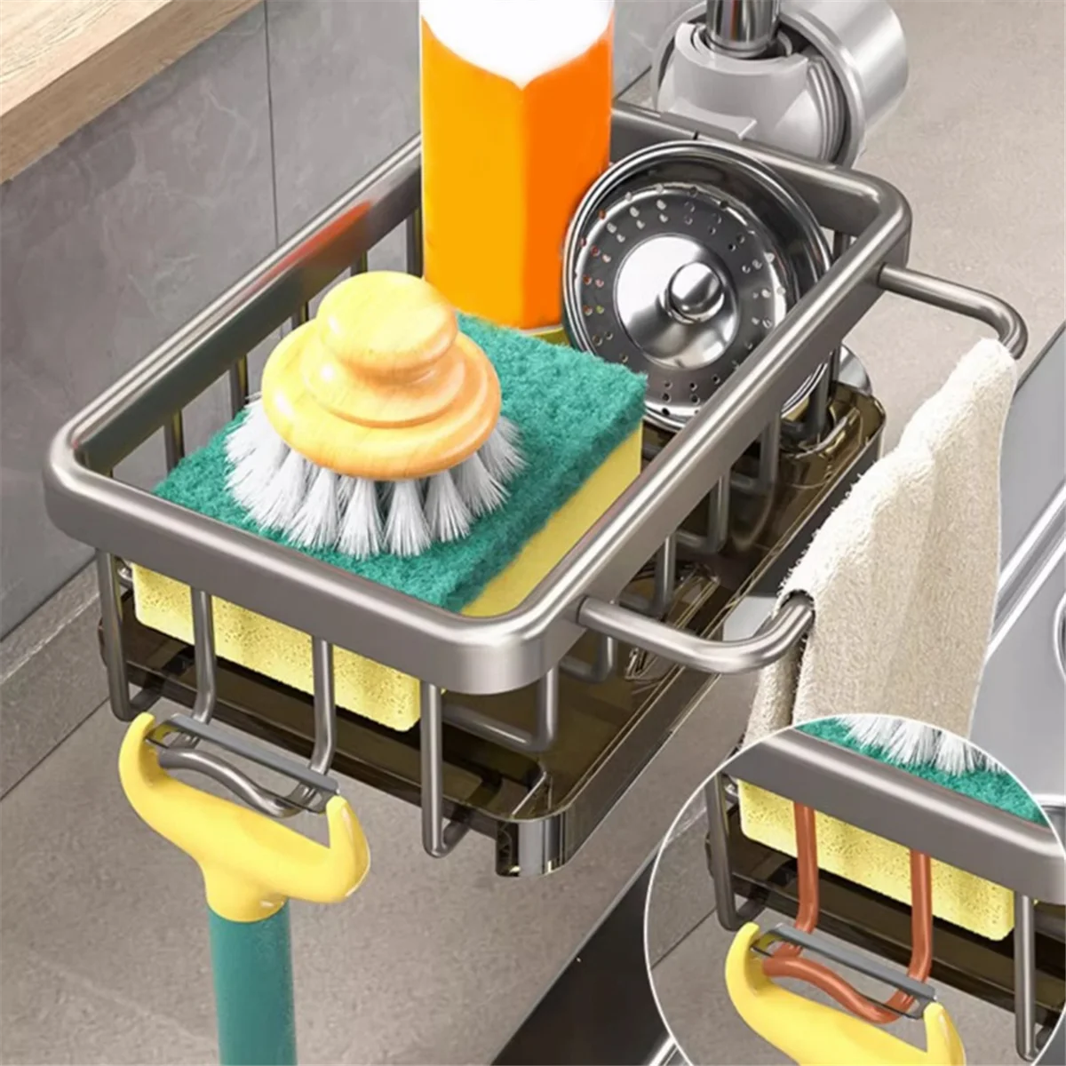 

A06RP Держатель губки над краном, органайзер для кухонной мойки, космический алюминиевый съемный подвесной сливной кран с крючком, серебристый