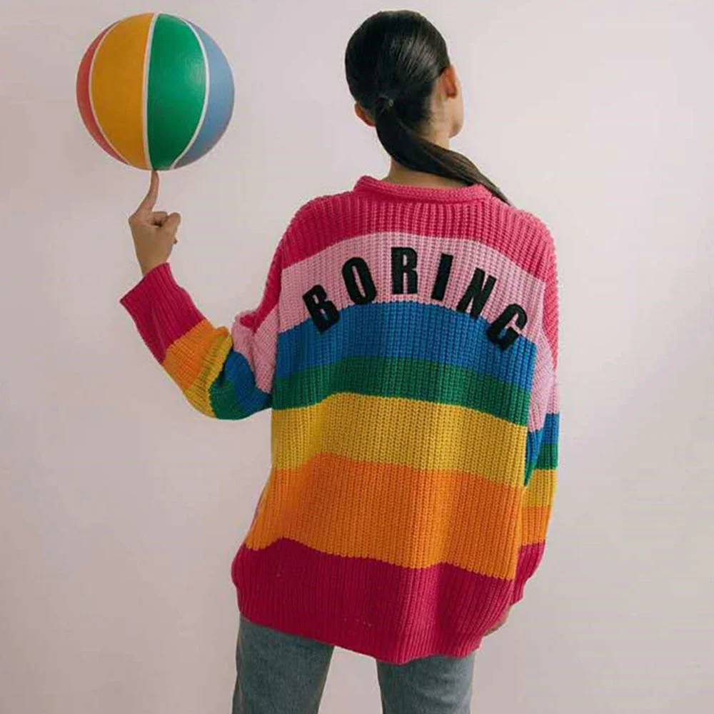 Autumn Spring Harajuku Knit Cardigan Women Striped Rainbow Sweater Coat Female Loose Sweaters Letter Embroidery Jumper Cardigans