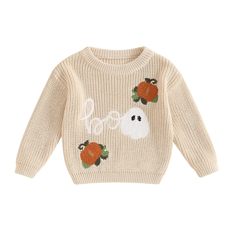 Toddler Boys Girls Halloween Sweaters Witch Pumpkin Letter Ghost Long Sleeve Round Neck Ribbed Knitted Pullover