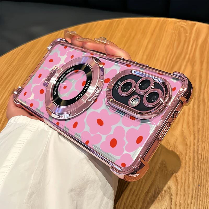 

Luxury Bracket Holder Phone Case For Honor X9D X9A X8D X6D X8A X7A X6A X70 X30I Shockproof Clear Pink Flowers Pattern Cover