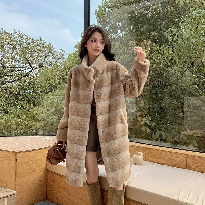 White Horizontal Striped Imitation Mink Fluffy Jacket for Women Luxury Clothing Eco Fur Coat Winter Faux Fur Coat Long 2023