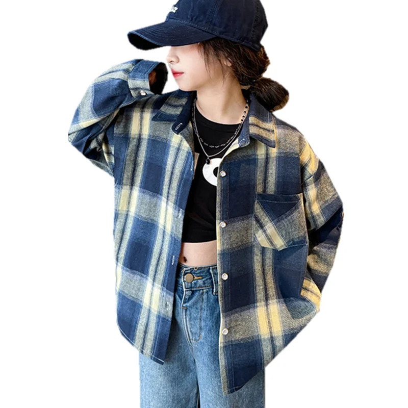 Spring Child Long Sleeve Plaid Shirts for Girls Fashion High Street Outerwear Teenage Kids Cotton Plaid Blouse 5 7 9 11 13 14 Y