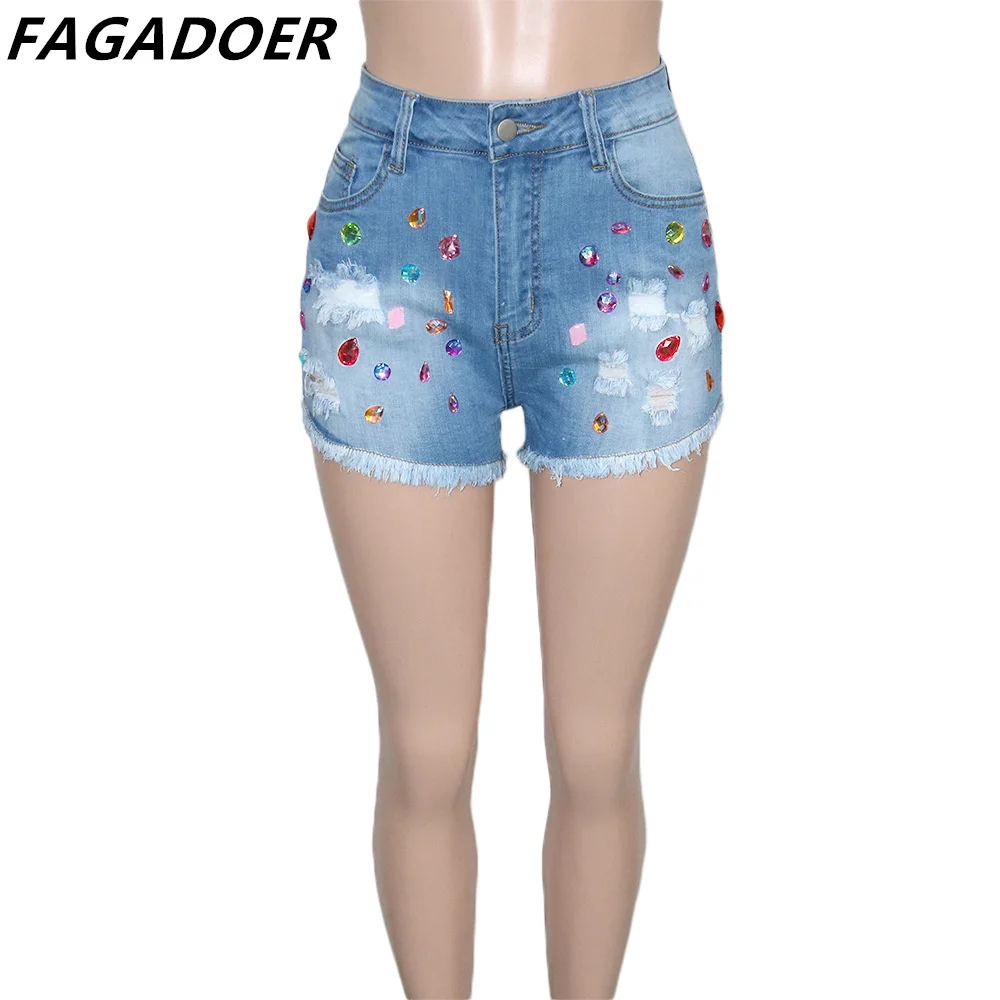 FAGADOER Fashion Colored Diamonds Tassels Denim Shorts Women High Waisted Pocket Slim Jean Casual Female Matching Bottoms 2024