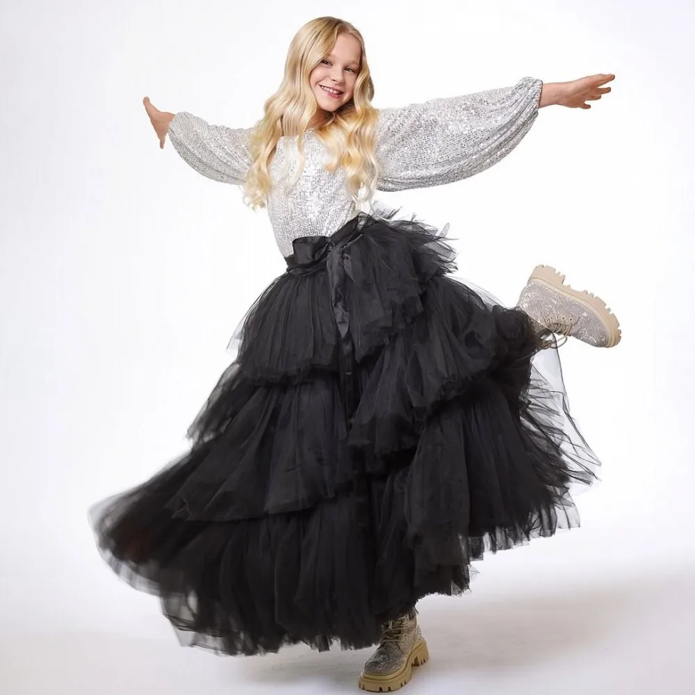 

Черная детская тюлевая юбка на день рождения, многоуровневое пышное многослойное бальное платье, танцевальная одежда для девочек, праздничная юбка для маленькой девочки без верха