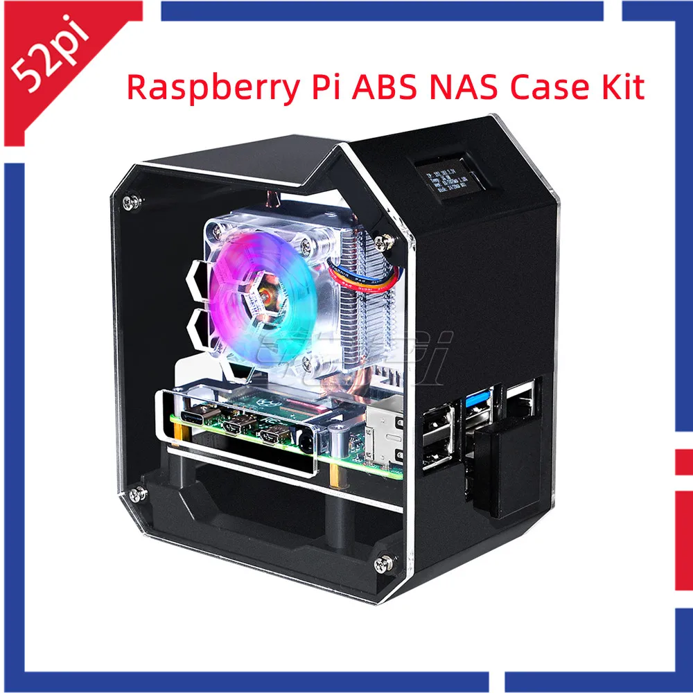 52Pi Raspberry Pi 4 Model B ABS Mini Tower NAS Kit with Ice Tower 0.96 Screen Dispaly for Raspberry Pi 4B