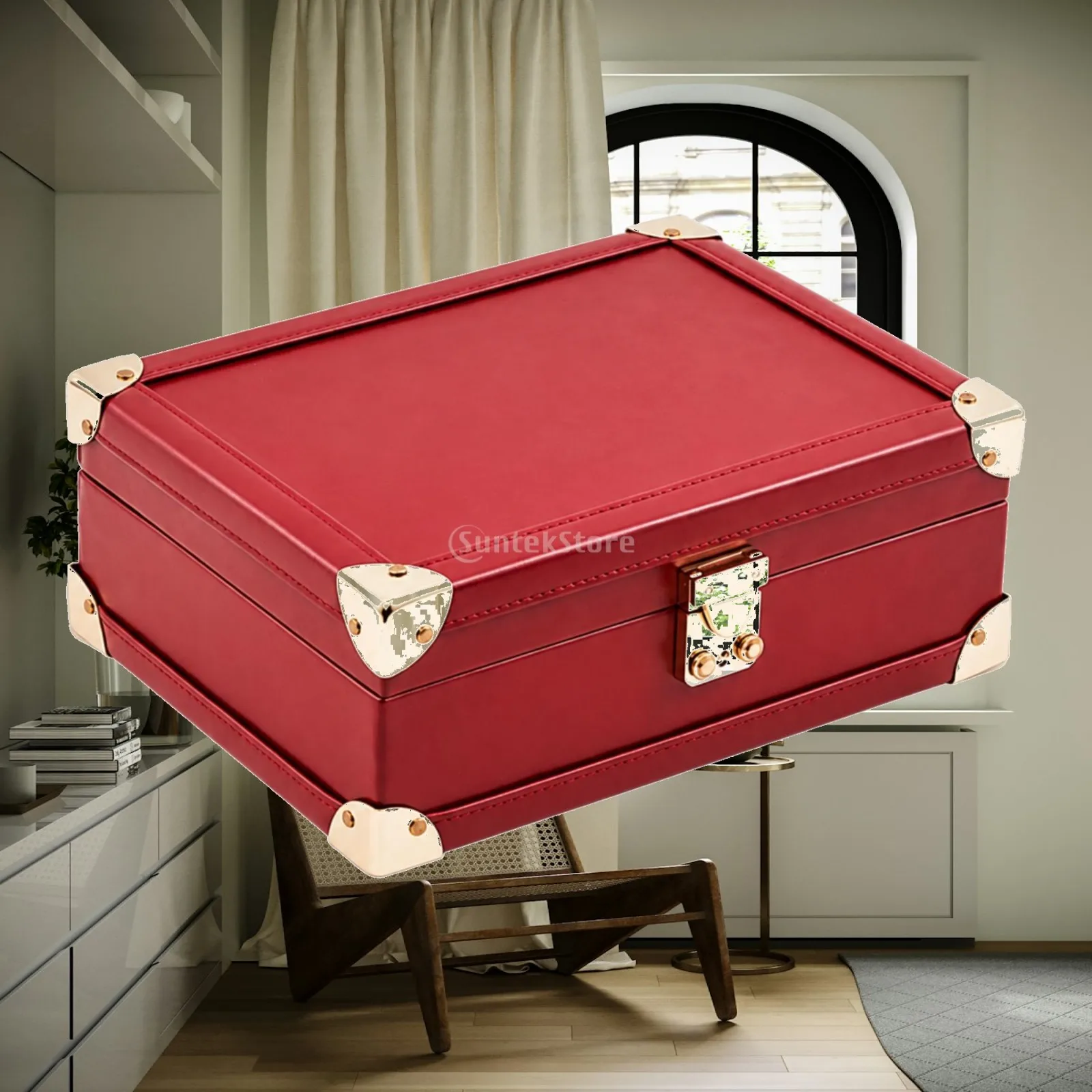 Jewelry Storage Case PU Leather Organizer Box with Mirror Locking Clasp for Women Necklace Bracelet Watch Travel