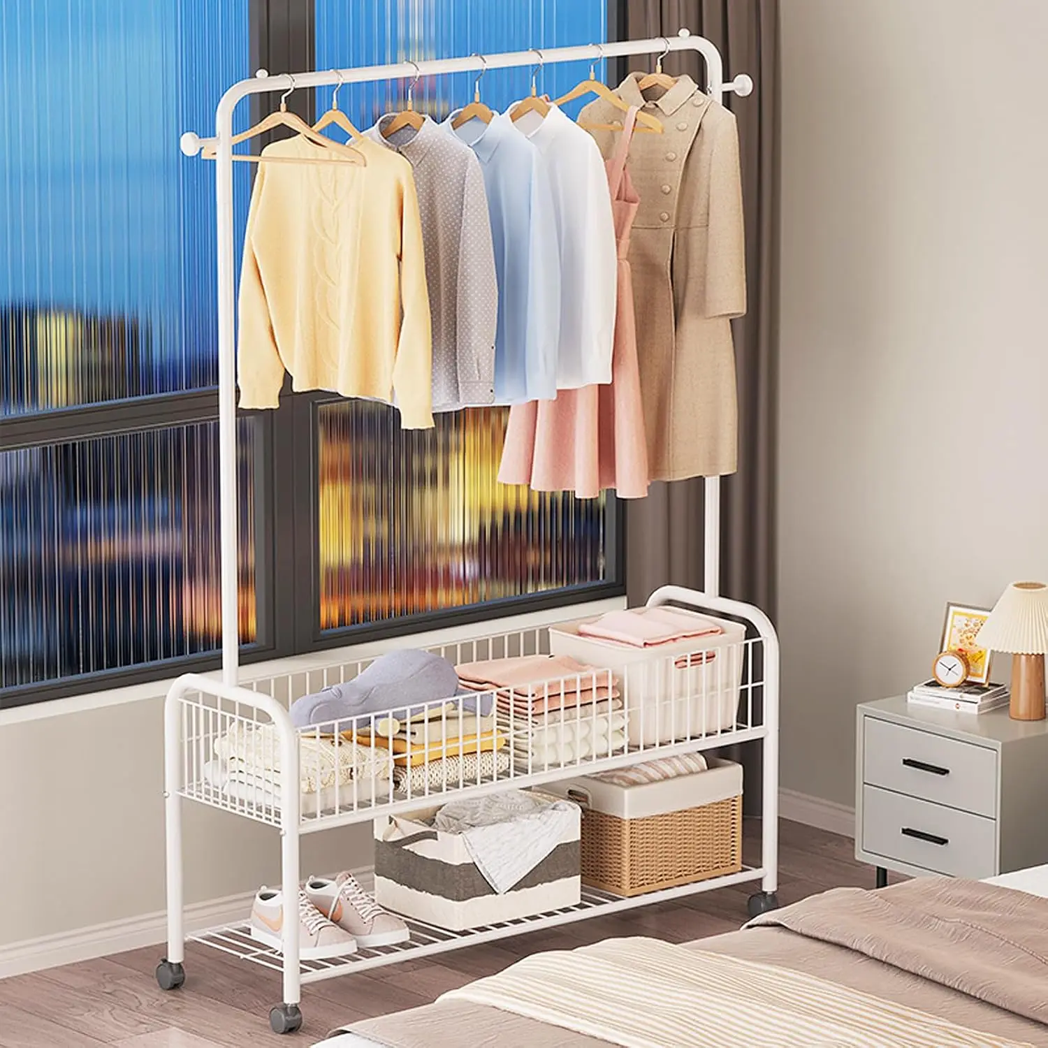 

Clothes Rack with Shelves Clothing Rack with Wheels Multifunctional Hangers with Storage Baskets and Shoe Racks Ideal for Bedroo