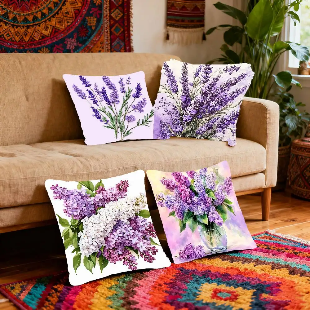 Purple Lilac Bouquet Pillow Case Throw Pillow Cover Nordic Vintage Style Cushion Covers Home Living Room Sofa Couch Seat Decor