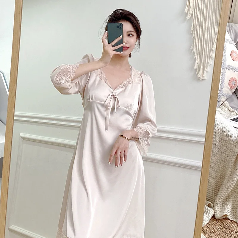 Spring and Autumn New Ice Silk Princess Nightdress Lace Girls Home Clothes Can Wear Pajamas Women