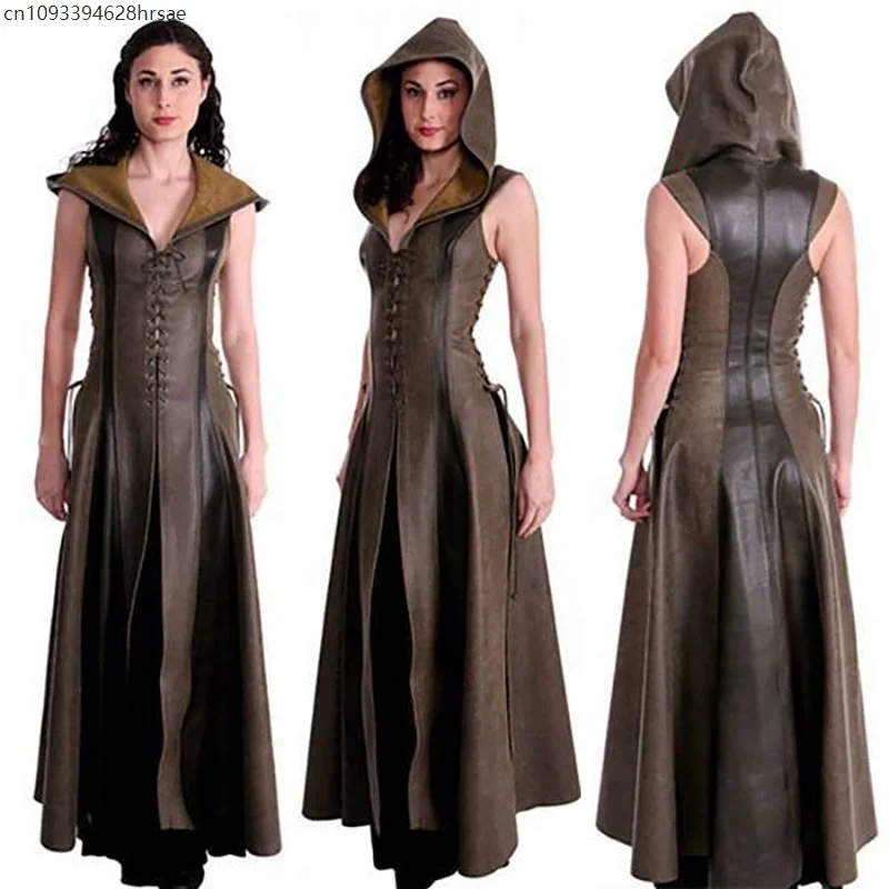 أزياء النساء في القرون الوسطى لارب آرتشر رينجر قزم زي أنثى المحارب للهالوين روبن فستان بأشرطة من الجلد مع قلنسوة رداء ماكسي عباءة
