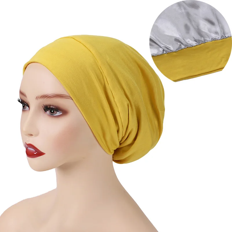 Modal Monochrome Tube Cap Double-sided Satin Bottoming Cap High Elastic Mercerized Cotton Women's Hair Care Chemotherapy Cap