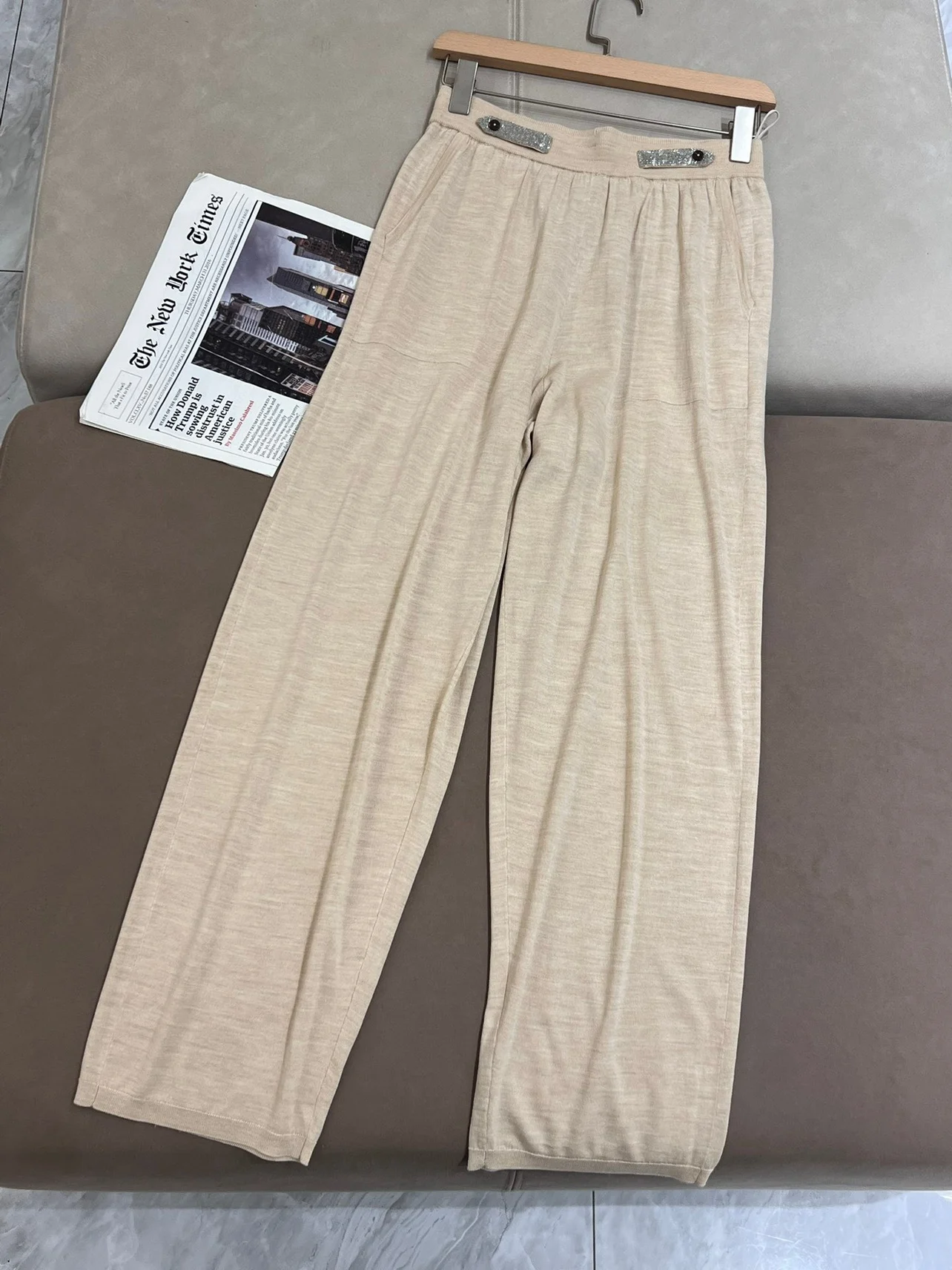 Casual knitted thin silk wool high elastic waist straight pants