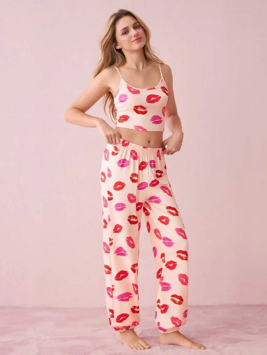 

Lip Print Cami Top And Pants Pajama Set For Women Summer