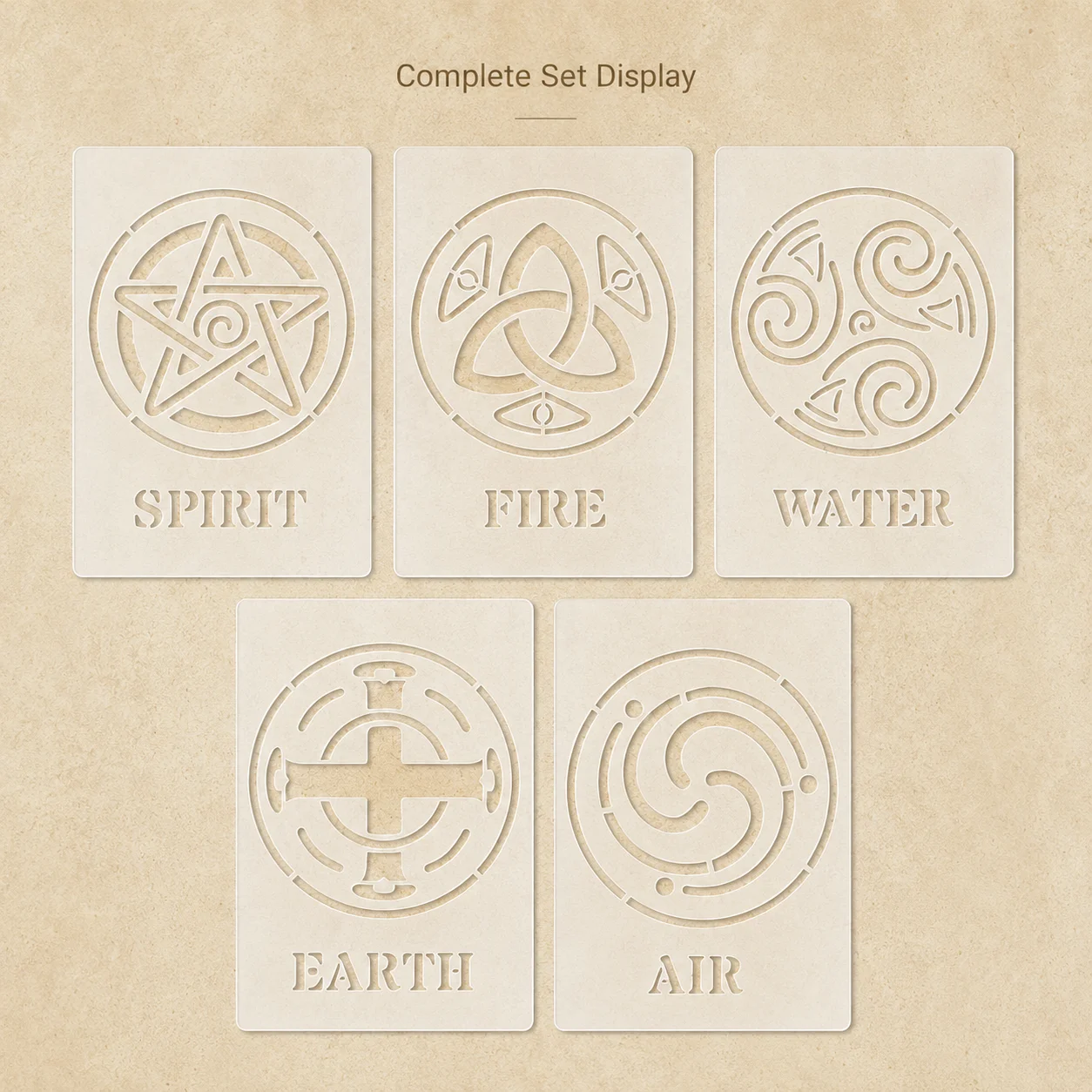 5Pcs A5 5.8x8.2in Five Elements Stencils Reusable PET Stencils for Painting Spirit Fire Water Earth Air Wall Wood Fabric Decor